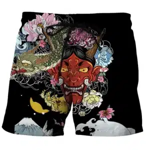 Oni Mask and Dragon Floral Samurai Men's Shorts