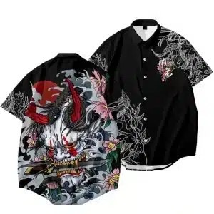 Oni Mask and Dragon Samurai Hawaiian Shirt