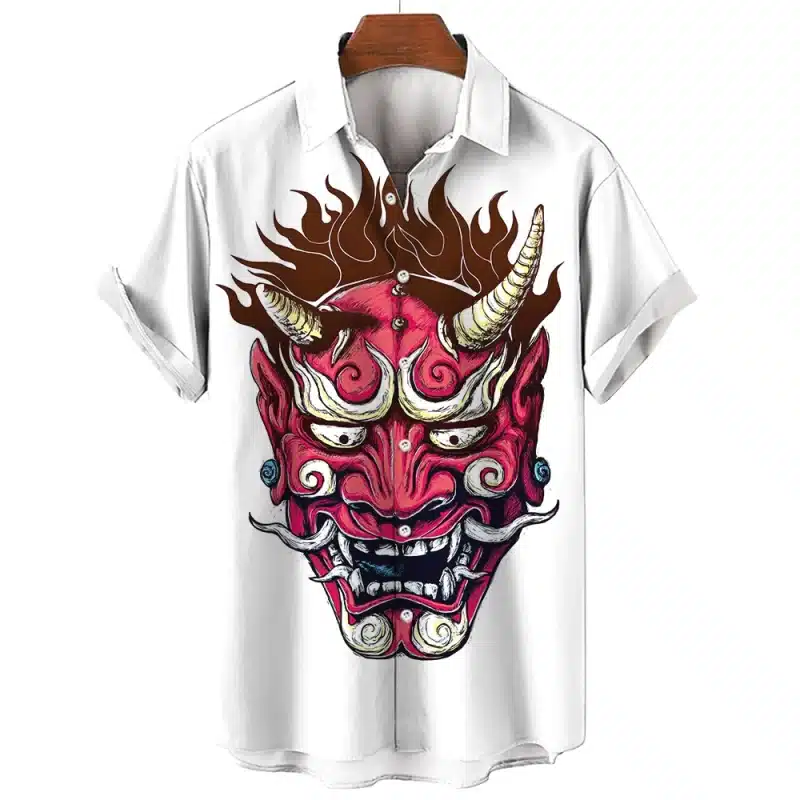 Red Oni Mask Men's White Samurai Hawaiian Shirt