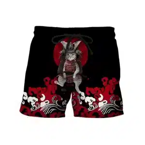 Red Sun Samurai Cat Black Men's Shorts