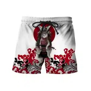 Red Sun Samurai Cat White Men's Shorts