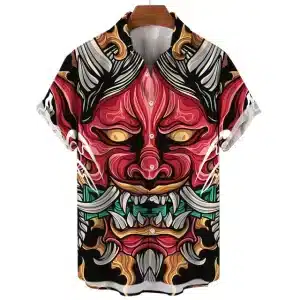 Retro Oni Demon Men's Red Samurai Hawaiian Shirt