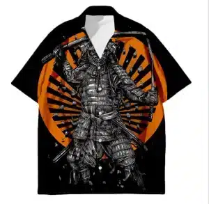 Rising Sun Black & Orange Samurai Hawaiian Shirt