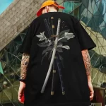 Elegant Samurai Katana Floral Black T-shirt