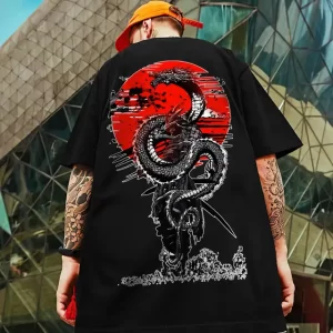 Fierce Dragon in Red Sun Graphic T-shirt