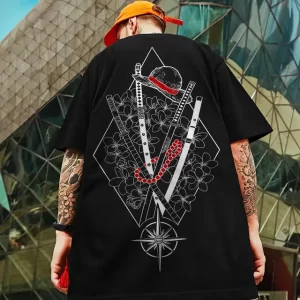 Geometric Floral Samurai Sword Graphic T-shirt