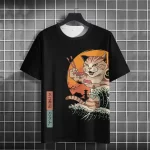 Kanagawa Wave Sushi Cat Sunset Black Graphic Tee