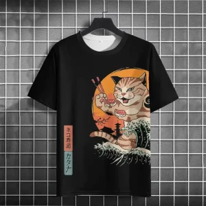 Kanagawa Wave Sushi Cat Sunset Black Graphic Tee