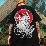 Mystic Samurai Dragon Red Moon Art Black T-shirt