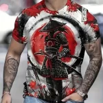 Red Moon Samurai Warrior and Maple Leaves Tee