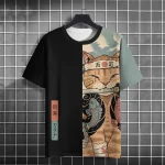 Samurai Cat Black and Mint T-shirt with Koi Fish Art