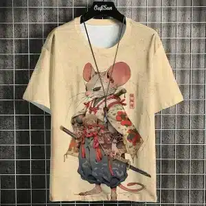 Samurai Mouse Warrior with Katana Beige T-shirt