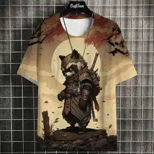 Samurai Raccoon Moonlit Autumn Beige Graphic Tee