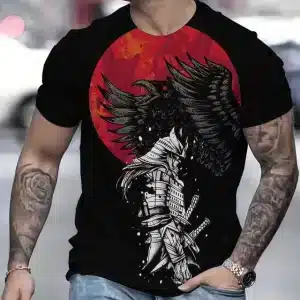 Samurai and Raven Red Sun Black T-shirt