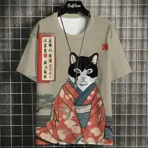 Traditional Kimono Cat Ukiyo-e Beige Samurai Tee