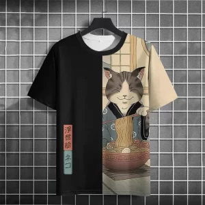 Ukiyo-e Neko Ramen Black and Beige Graphic T-shirt