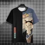 Ukiyo-e Neko Sushi Black and Blue Graphic T-shirt