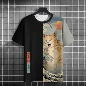 Ukiyo-e Samurai Cat and Wave Tee in Black and Mint