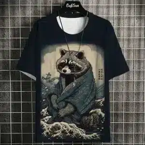 Ukiyo-e Samurai Raccoon in Kimono Navy T-shirt