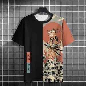 Victorious Samurai Cat Standing on Skulls T-shirt