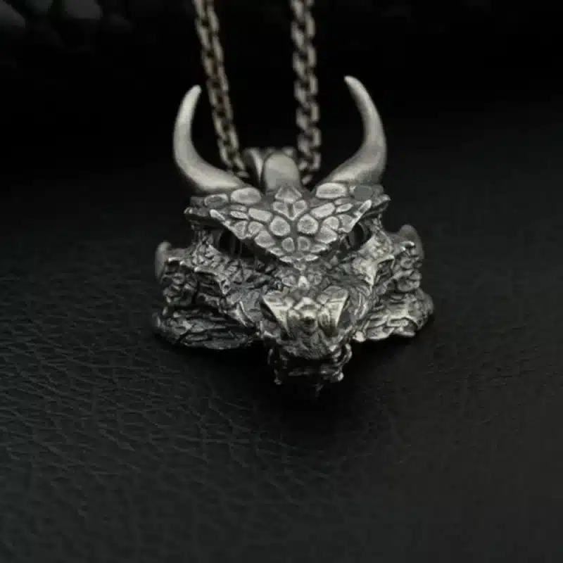 Antique Silver Finish Dragon Head Pendant Necklace