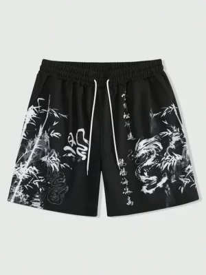 Black Bamboo Dragon White Ink Gym Shorts