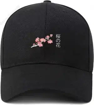 Black Cherry Blossom Baseball Cap with Japanese Text