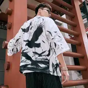 Black Cranes Japanese Style Men's Kimono