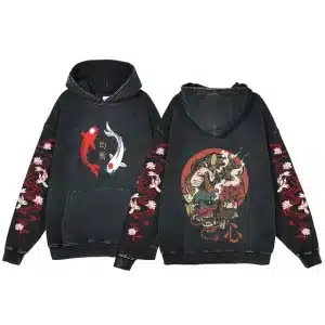 Black Koi Fish and Samurai Oni Mask Hoodie