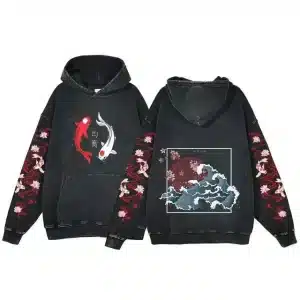 Black Koi and Red Sun Waves Japanese Art Hoodie