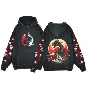 Black Koi and Rising Dragon Samurai Vintage Hoodie