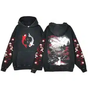 Black Koi and Torii Gate Moonlight Vintage Hoodie