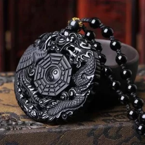 Black Obsidian Dragon and Phoenix Yin Yang Pendant Necklace