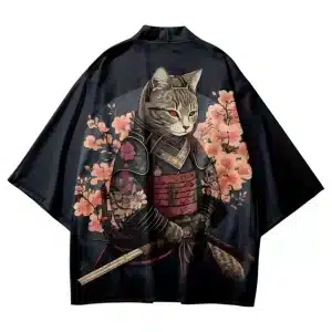 Black and Cherry Blossoms Samurai Cat Kimono