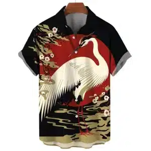 Black and Red Crane Floral Hawaiian Shirt