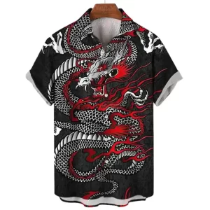 Black and Red Dragon Samurai Button-Up Shirt