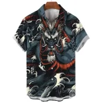 Black and Red Dragon with Wave Hawaiian Shirt