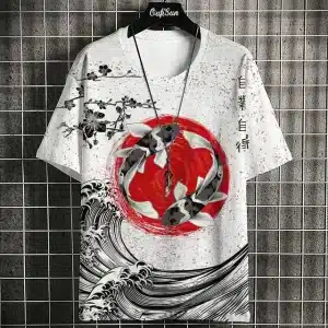 Black and White Koi Fish with Red Sun T-Shirt