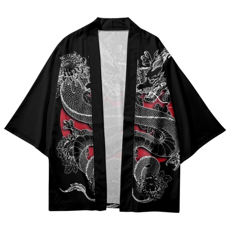 Black with White Dragon Fashion Kimono Shirt - Front