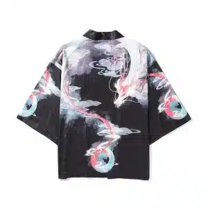 Celestial Orbs Ethereal Dragon Black Kimono Shirt