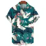 Cherry Blossom Teal Crane Hawaiian Shirt