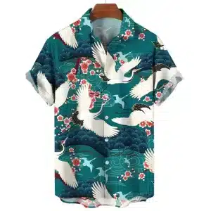 Cherry Blossom Teal Crane Hawaiian Shirt