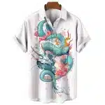 Cherry Blossom White and Teal Dragon Hawaiian Shirt