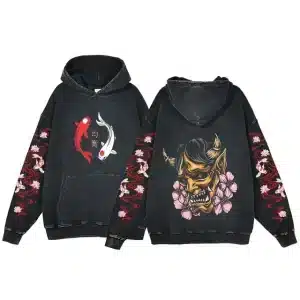 Cherry Blossoms Black Koi and Hannya Mask Hoodie