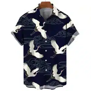 Cloud Pattern Navy Crane Hawaiian Shirt