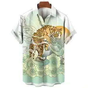 Cloud White and Mint Tiger Hawaiian Shirt