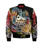 Colorful Oni and Serpent Tattoo Art Bomber Jacket