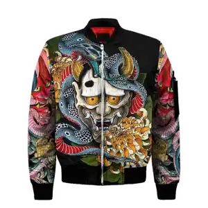 Colorful Oni and Serpent Tattoo Art Bomber Jacket