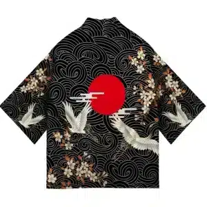 Crane Cherry Blossom Black Waves Kimono Shirt