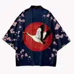 Crane and Red Sun Cherry Blossom Navy Kimono